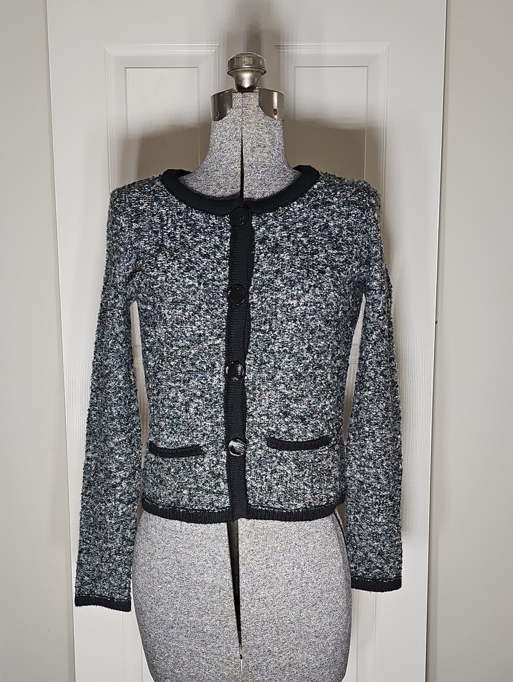 ​A. IDA Made in Italy Black Gray Multi Tweed Button-Front Knit Cardigan Size S